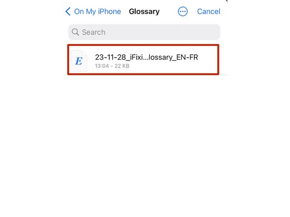 Importing the iFixit Technical Glossary into "WordTheme" (iOS): step 3, image 1 of 2