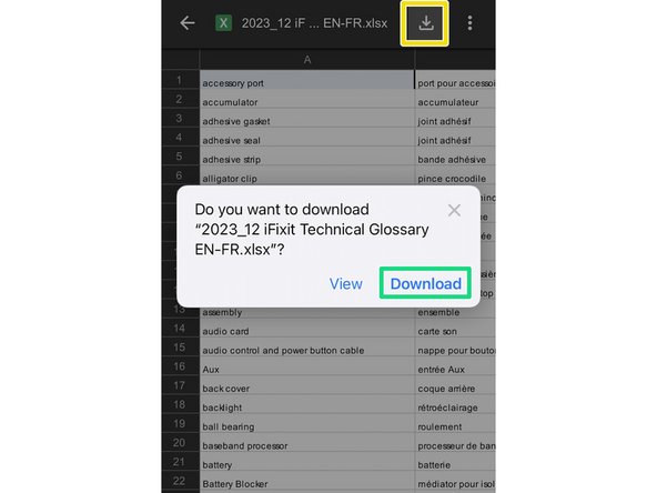 Importing the iFixit Technical Glossary into "WordTheme" (iOS), Downloading the glossary file: step 1, image 3 of 3