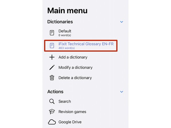 Importing the iFixit Technical Glossary into "WordTheme" (iOS): step 5, image 1 of 3