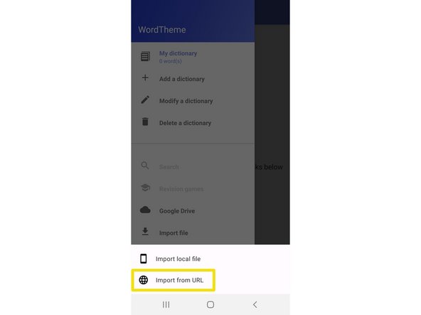 Importing the iFixit Technical Glossary into "WordTheme" (Android), Locating the "Import" feature: step 1, image 3 of 3