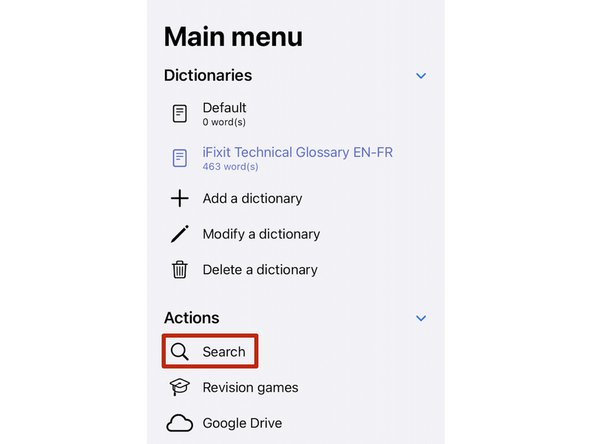 Importing the iFixit Technical Glossary into "WordTheme" (iOS), Searching for a term: step 6, image 1 of 3