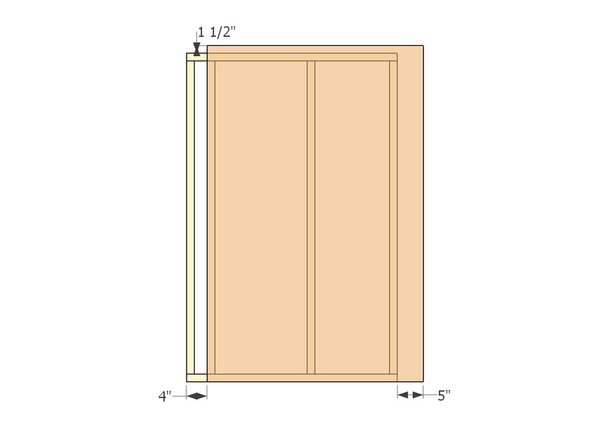 Place the frame/osb/insulation assembly osb-side down.  Align the plywood sheathing with a 5" overhang on the right (edge furthest from narrow stud-gap) and flush with the bottom plate. The offset should line the left edge to sit flush with the 2nd stud from left-most.  The top overhang should be 1.5".