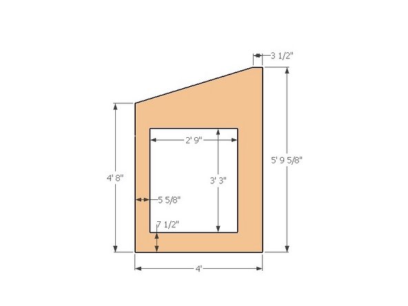 Cut the top of the module's exterior sheathing (OSB) by marking the two vertical distances, then marking a point 3.5" straight out from the higher vertical dimension (right side), from this point snap a chalk line down to the shorter vertical edge (left side). Use a 7-1/4"circular saw to make the cut.