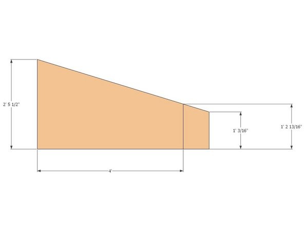 Cut the 17 degree angle on the piece by marking the two vertical distances and snapping a guide chalk line to connect the two. Use a 7-1/4"circular saw to make the cut.