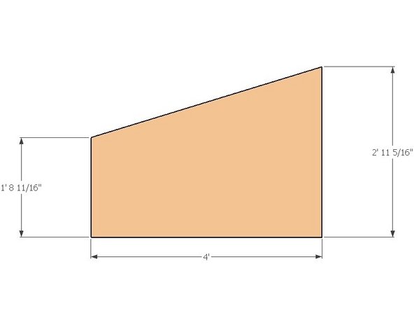 Cut the 17 degree angle on the piece by marking the two vertical distances and snapping a guide chalk line to connect the two. Use a 7-1/4"circular saw to make the cut.  (Horizontal dimension is 4').