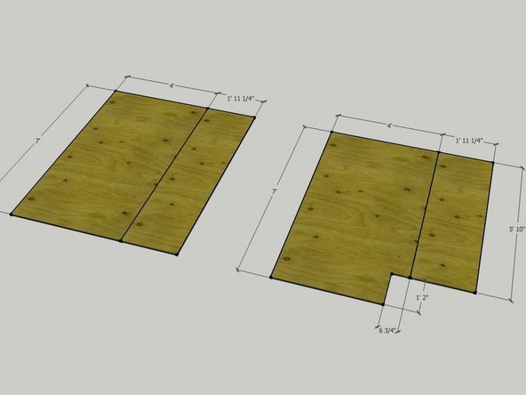 First, we will cut the pieces for decking. Start by cutting two full sheets of 1/2" plywood down to 7' long. These two sheets will make up the large pieces of the decking on the two modules.