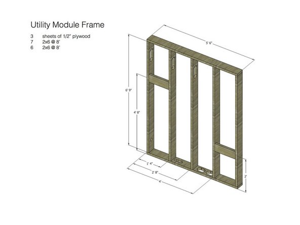 This image shows the frame and lists the materials counts to construct the frame, including the sheathing material.