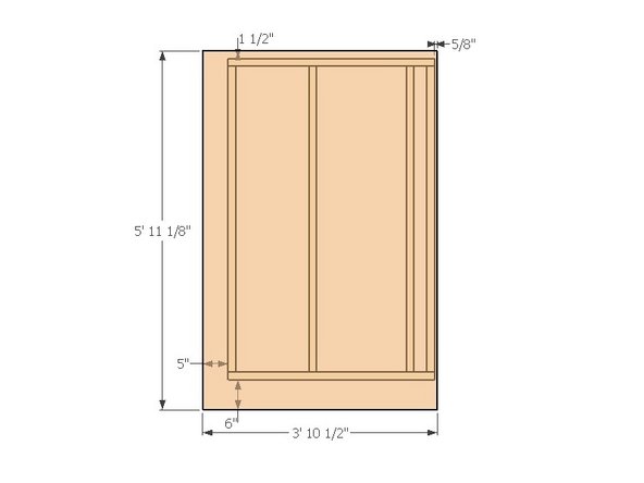 Place the frame on the ground or on a table with the narrow gap between studs on the right.  Place the OSB sheathing onto the frame so that it overhangs 6" along the bottom and 5" along the left side.  This should result in a 1.5" overhang at the top and a 5/8" overhang on the right side.