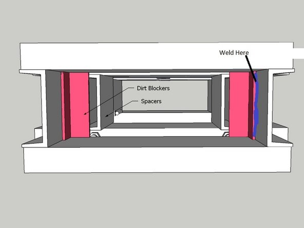 Weld the portion inside of the vertical members, taking care to not weld them to the crossmembers.
