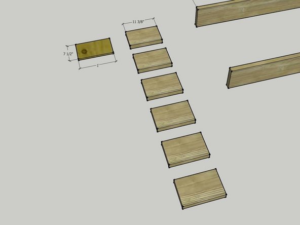 Make 6 short 2x8 pieces for both ends of each beam, each 11 3/8" in length. Cut these from 8' 2x8s.