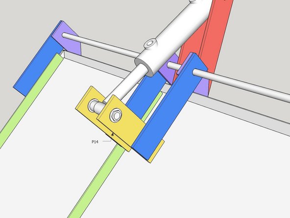 Ensuring the Hydraulic cylinder is about 1/4" back from full extension (to ensure the lid can fully close, but we don't want it to continue to extend much after full closure), bolt 2x P14 cylinder struts on to the cylinder, along with the spacers and washers. There are washers on both sides of P14 Parts.