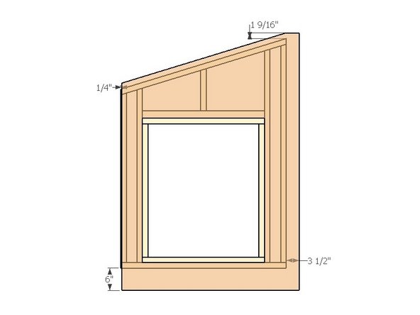 To cut the window, mark from the bottom left edge (shorter edge) 7.5" up and 5-5/8" in; this is the bottom left corner of the window hole, which measures 2'9" wide by 3'3" tall.  Use a 7-1/4" circular saw to make the cut; start with a plunge cut along one of the window hole edges (at least 1' away from corners to avoid over-cutting)