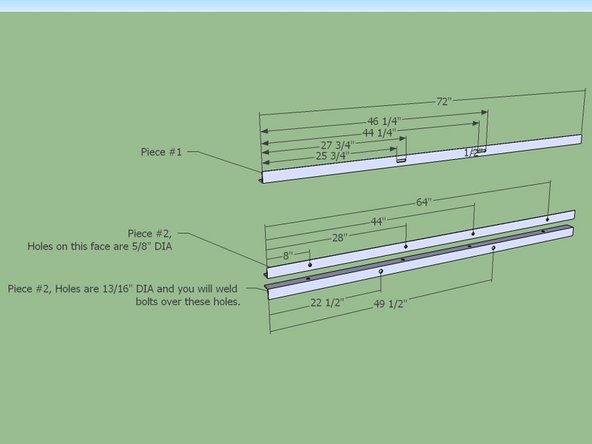 Torch all holes in the 72" 2x2's as shown. Note that the slots are 1/2" tall (hard to see in diagram).