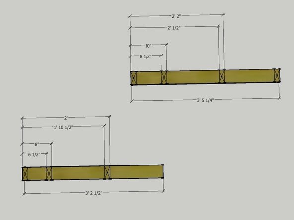 The third image shows the dimensions for the layout marks. Mark up your 3' - 5 1/4" piece and your 3' - 2 1/2" piece as shown in the drawing.