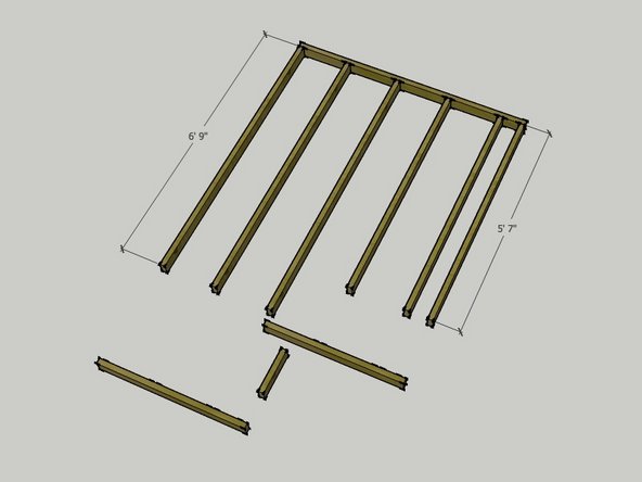First, you will attach the three 6' - 9" pieces and the three, shorter 5' - 7" pieces to the rim joist as shown in the first image.