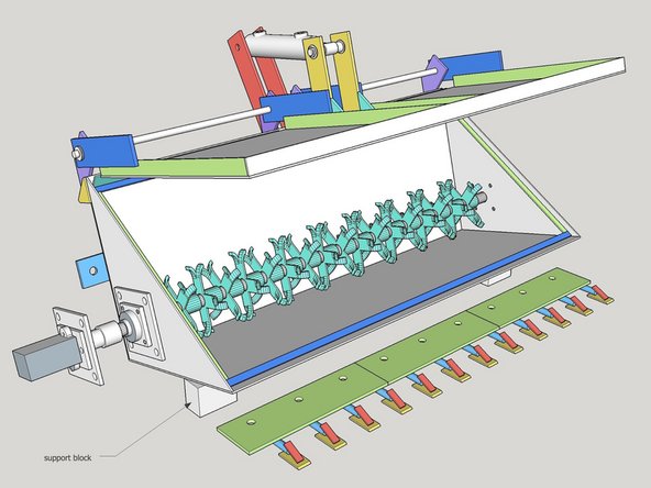 Open the lid after testing hydraulics, place a support underneath the lid for safety, and lift the bucket off the ground using the Lifetrac arms, or tilt the entire contraption and support with blocks.