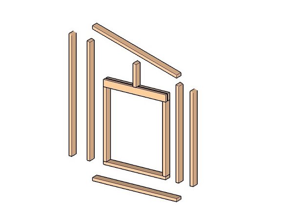 Use two people to make the proper cuts at the dimensions in the graphics.  Start by cutting elements for the window frame and the bottom plate, which are all square cuts (note there are two 2x4x2'9" members on edge at the top of the window box).