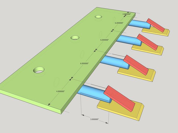 Weld 4 teeth at the proper spacing (4" from the left to rebar centre and 2" from the right edge to rebar center) to part 15 (tooth bar bolt bar), with 3 inches overlap between P18 and P15 The teeth go on the side farthest from the bolt holes.