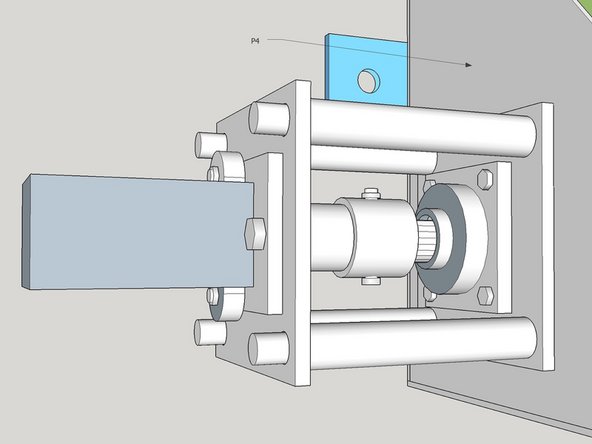 Pass the 12" long, 1" threaded rods through p24 then through the tubes ], through p23 and thread them through the nuts welded to the far side of P4.